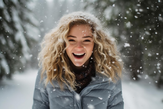 Jonge blonde vrouw geniet van wintersneeuwvlokken in een vreugdevol buitenmoment