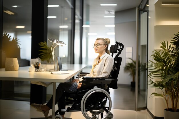 jonge blonde vrouw met een bril in een wit zakelijk pak en op een rolstoel zit achter een monitor s