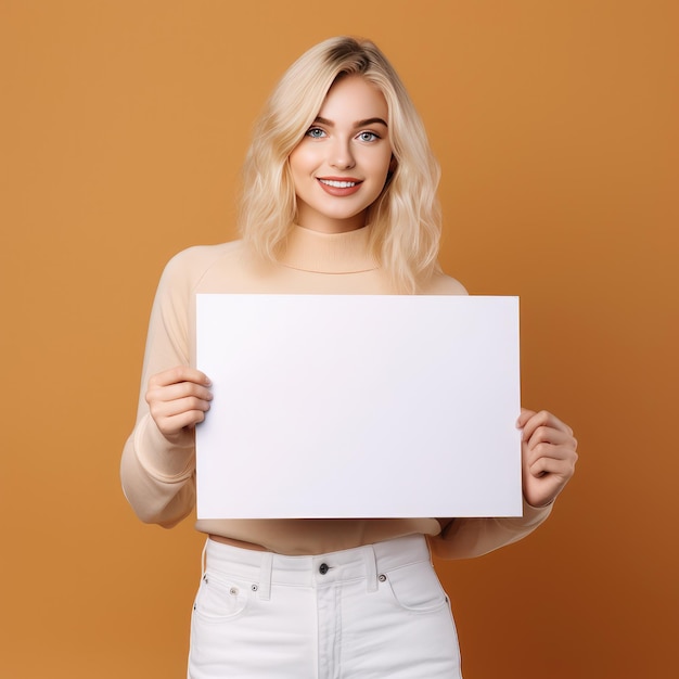 Jonge blonde vrouw met een leeg bordje voor je boodschap.