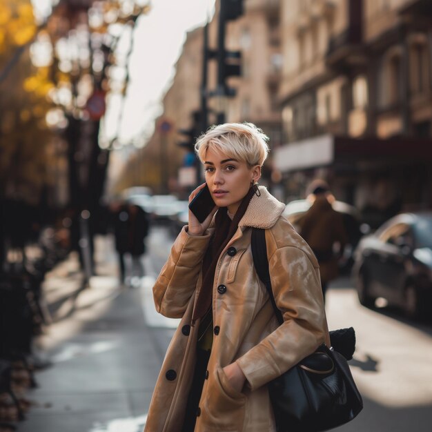 Foto jonge blonde vrouw praat op de mobiele telefoon terwijl ze in de straat van de stad loopt.