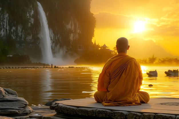 Jonge boeddhistische monnik die mediteert bij een waterval en een meer tijdens een prachtige zonsondergang of zonsopgang