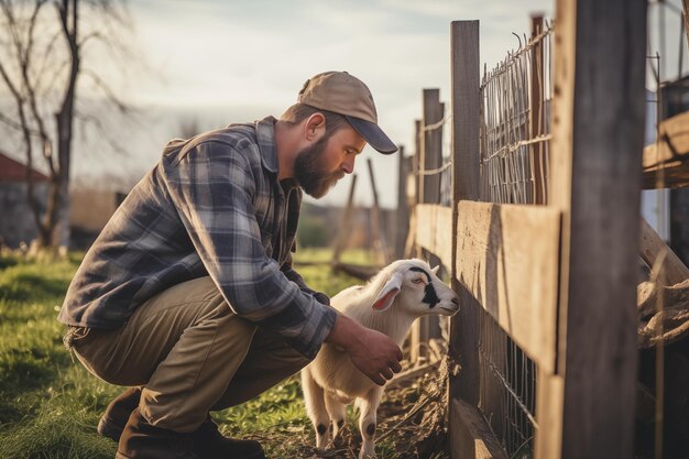 Foto jonge boer die een houten hek repareert terwijl een nieuwsgierige geit naar generative ai kijkt