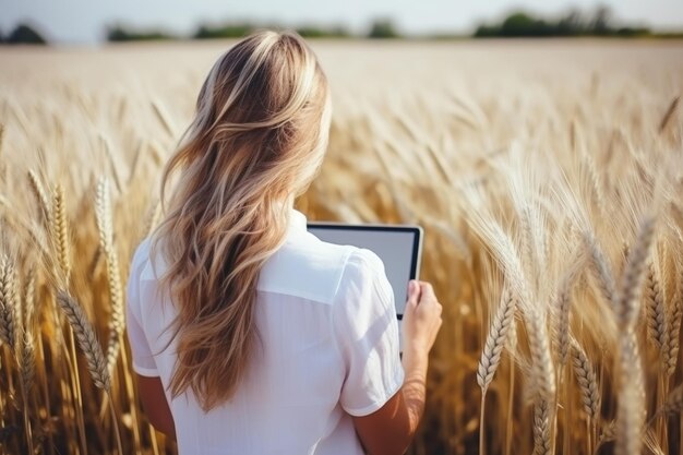 Jonge boer met een tablet om gewassen te beheren in een rijp tarweveld