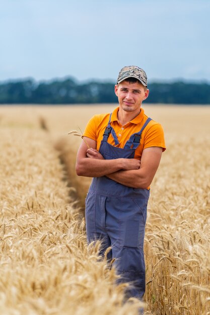 Jonge boer staat kruis handen in gouden veld. Professionele landbouwarbeider op het werk.