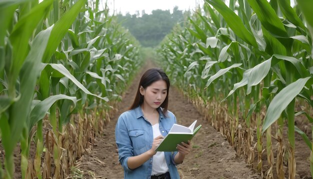 Jonge boeren zijn in de maïsplantages, vrouwelijke onderzoekers onderzoeken en maken aantekeningen.