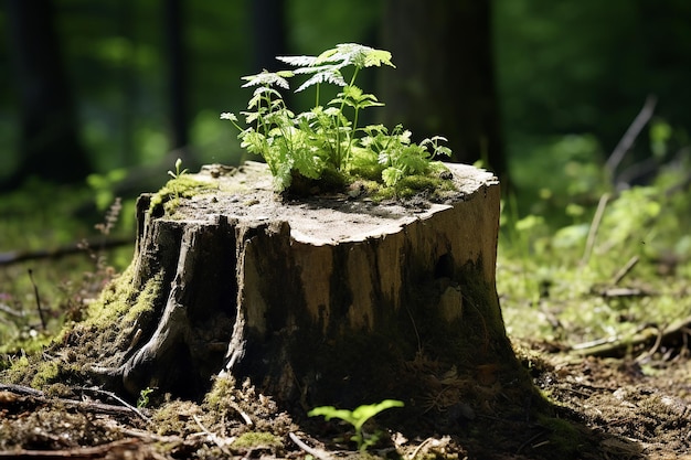 Foto jonge bomen komen uit oude boomstammen.