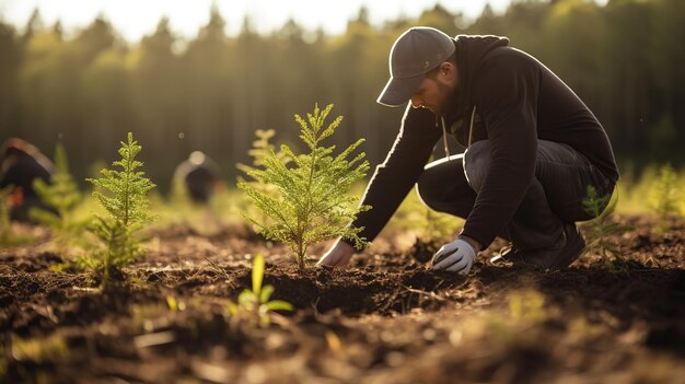 Jonge bomen planten in nieuw bos Ecologie activiteit concept Hoge kwaliteit beeld Kopieer ruimte voor tekst