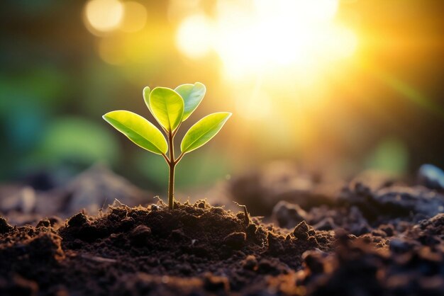 jonge boom groeit in de tuin met zonsopgang in de natuur generatieve ai