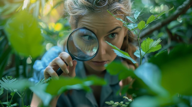 Foto jonge botanicus verkent flora met een vergrootglas in de natuur