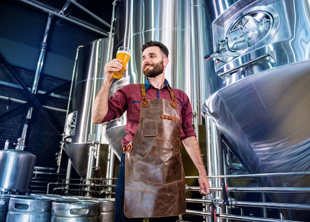 Jonge brouwer die een leren schort draagt, test bier in een moderne brouwerij