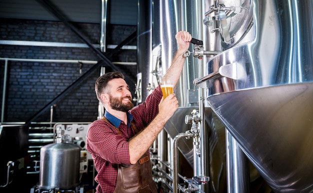 Jonge brouwer die een leren schort draagt, test bier in een moderne brouwerij