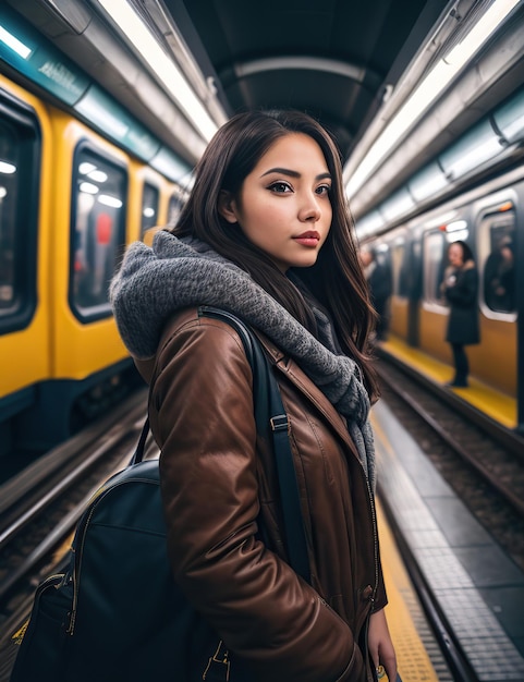 jonge brunette in de metro