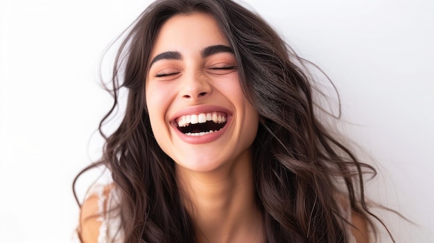 Jonge brunette vrouw lacht op een geïsoleerde witte achtergrond.