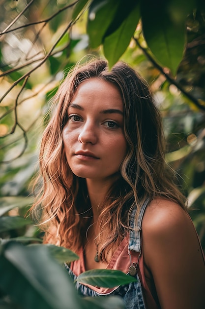 Foto jonge brunette vrouw midden in het groen in mouwloze top