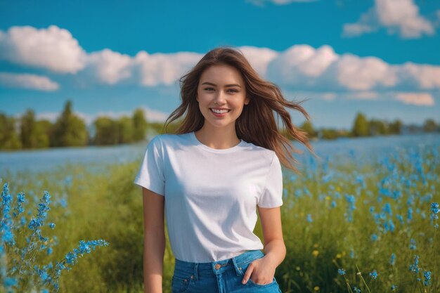 Foto jonge brunette vrouw van 20 jaar in spijkerbroek en een wit t-shirt in een veld met groen gras