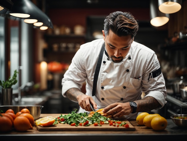 Foto jonge chef-kok bereidt een heerlijke schotel in de keuken voor