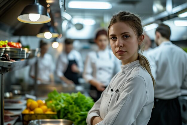 Foto jonge chef-kok met een scherpe focus in de commerciële keuken