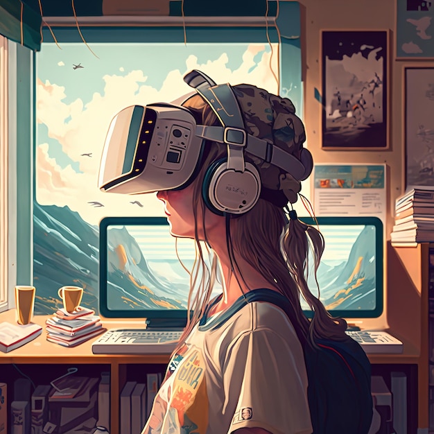 Jonge creatieve vrouw die thuis een virtual reality-headset draagt