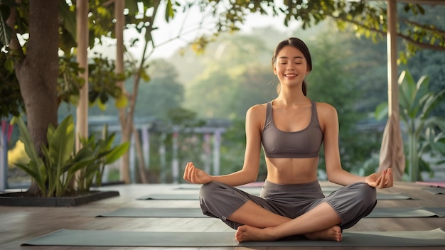 Jonge dame begint haar dag met een meditatie in een yogacentrum in de open lucht