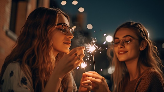 Jonge dames blazen confetti uit hun handen Vrienden vieren 's avonds feest op een terras Generatieve AI