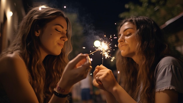 Jonge dames blazen confetti uit hun handen Vrienden vieren 's avonds feest op een terras Generatieve AI