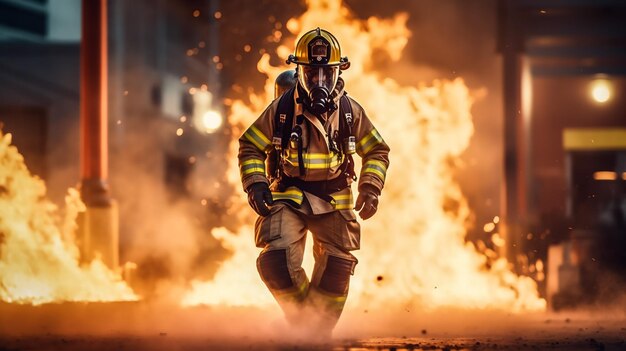 Foto jonge dappere vrouw in uniform en veiligheidshelm van brandweerman met brandslang op schouders kijkend naar camer