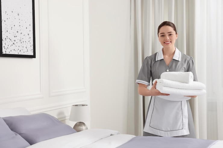 Foto jonge dienstmeisje met een stapel handdoeken bij het bed in een hotelkamer ruimte voor tekst