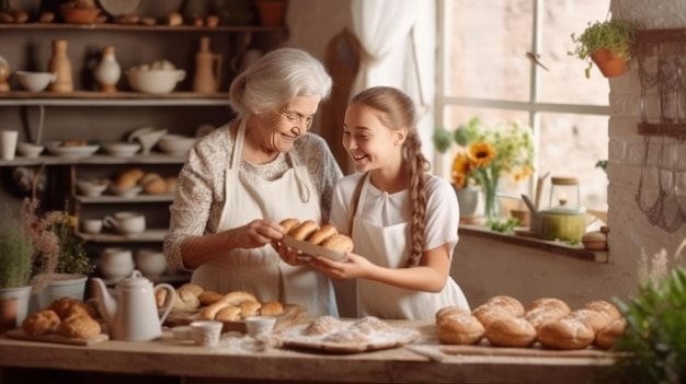 jonge dochter kijkt naar oude moederkok in de keuken