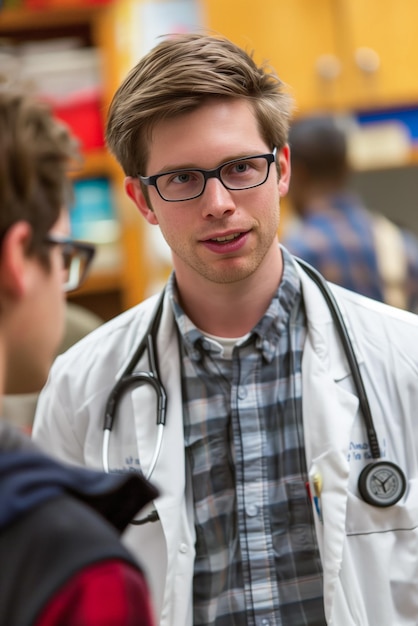 Foto jonge dokter in een witte jas begeleidt een patiënt
