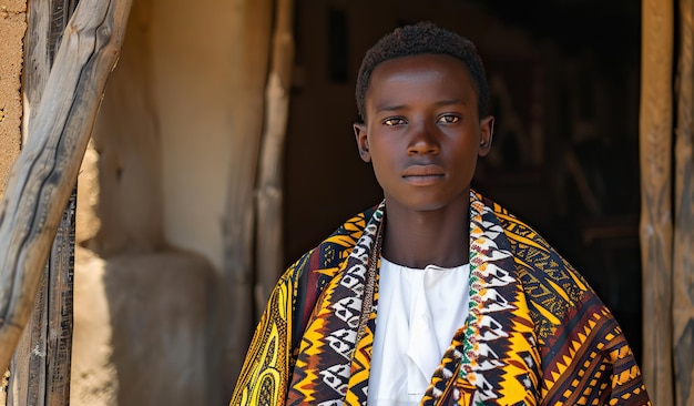 Jonge donkere man in traditionele Afrikaanse kleding die bij de deur staat