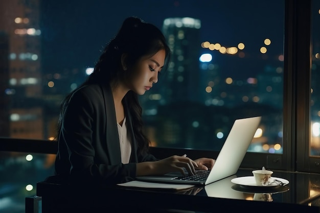 Jonge drukke Aziatische zakenvrouw executive die's nachts op een laptop werkt in een donker kantoor Professionele zakenvrouw manager die computer gebruikt zit aan tafel grote stad avondbeeld