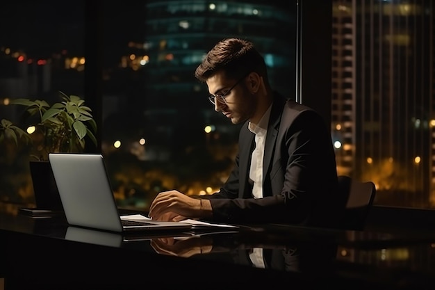 Jonge drukke Latijnse zakenman uitvoerend bezig met laptop 's nachts in het donkere hoofdkantoor Professionele zakenman manager met behulp van computer zittend aan tafel grote stad avond uitzicht