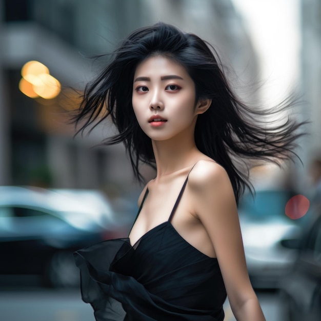 Jonge en mooie Chinese vrouw in een jurk die poseert voor de camera op een stadsstraat