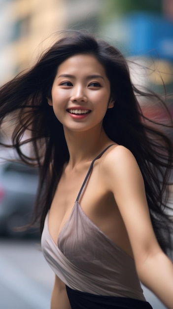 Jonge en mooie Chinese vrouw in een jurk poseren voor de camera op een straat in de stad