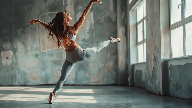 Foto jonge en sierlijke ballerina danst in de studio de schoonheid van de dans