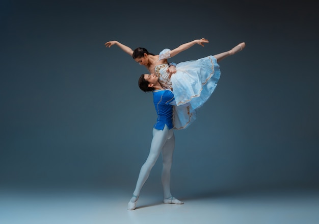 Jonge en sierlijke balletdansers als sprookjesfiguren van assepoester