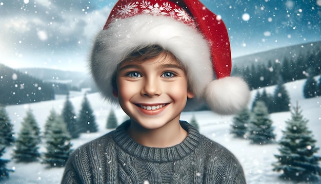 Jonge Europese jongen met een stralende glimlach die een feestelijke kersthoed draagt