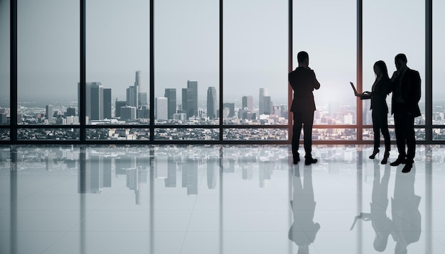 Jonge Europese zakenlieden en vrouwen die werken in een modern kantoorinterieur met panoramisch uitzicht op de stad Ontmoetingssucces, teamwork en leiderschapsconcept