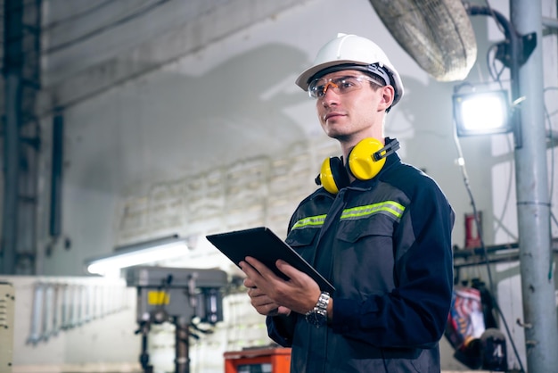 Jonge fabrieksarbeider die bedreven tabletcomputer gebruikt in een werkplaatsgebouw