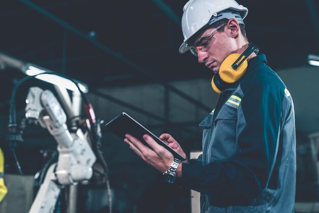 Jonge fabrieksarbeider die werkt met een bedreven robotarm