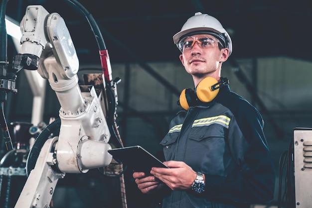 Jonge fabrieksarbeider die werkt met een bedreven robotarm