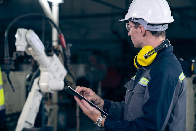 Jonge fabrieksarbeider die werkt met een bedreven robotarm