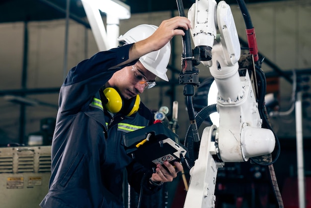 Jonge fabrieksarbeider die werkt met een bedreven robotarm