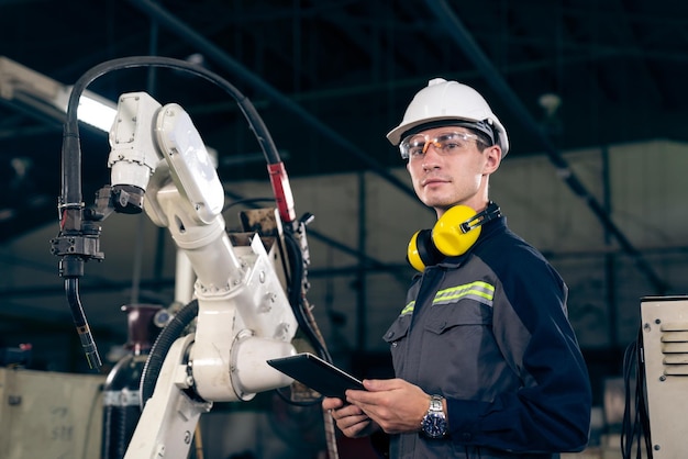 Jonge fabrieksarbeider die werkt met een bedreven robotarm