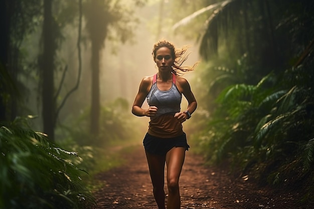 Jonge fitness-sportvrouw trail runner die's avonds in het tropische bospark loopt
