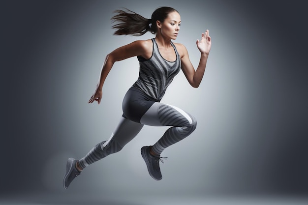 Jonge fitness vrouw springen en rennen op grijze achtergrond