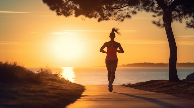 Jonge fitnessvrouw loopt op het strandpad bij de zonsopgang