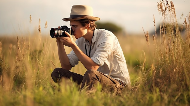 Foto jonge fotograaf die een foto neemt zittend grasland