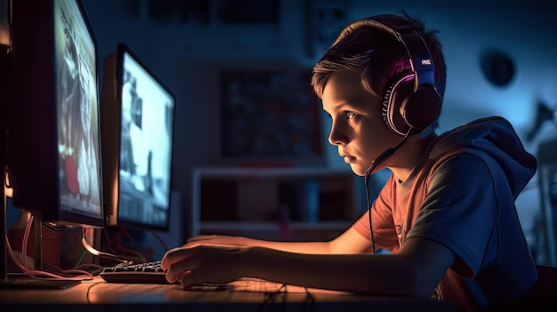 Jonge gamer zat aan een bureau en speelde een videogame Generative AI