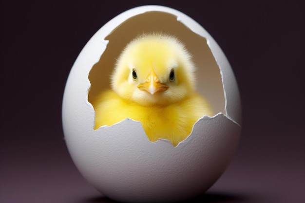 Jonge gebroken schattige pluimvee kip nieuw kuiken ei dier pasgeboren vogel veer kleine gele witte schelp kip baby pluizige